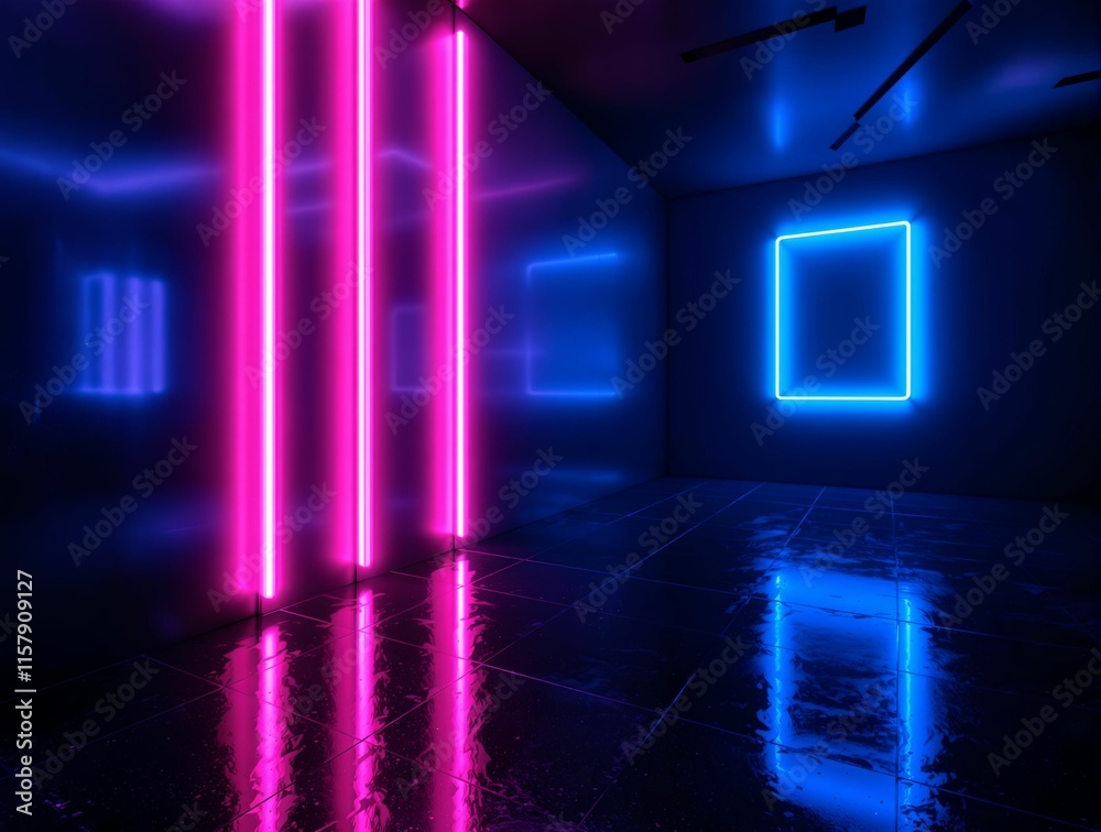Poster room with a wet floor and neon lights creating vibrant patterns. the room appears to be empty and ha