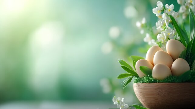 Wooden bowl with six eggs in it. The bowl is on a table. The table is on a green background