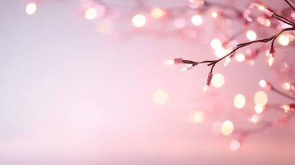 Fototapeta premium Pink tree branch with lights on it. The lights are on the branches and the background is pink