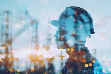 Double exposure of engineer cuacasian man is on duty in work site with abstract bokeh backgrounds.