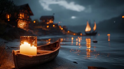 Obraz premium Tranquil Seascape with Candlelight and Bokeh Effects