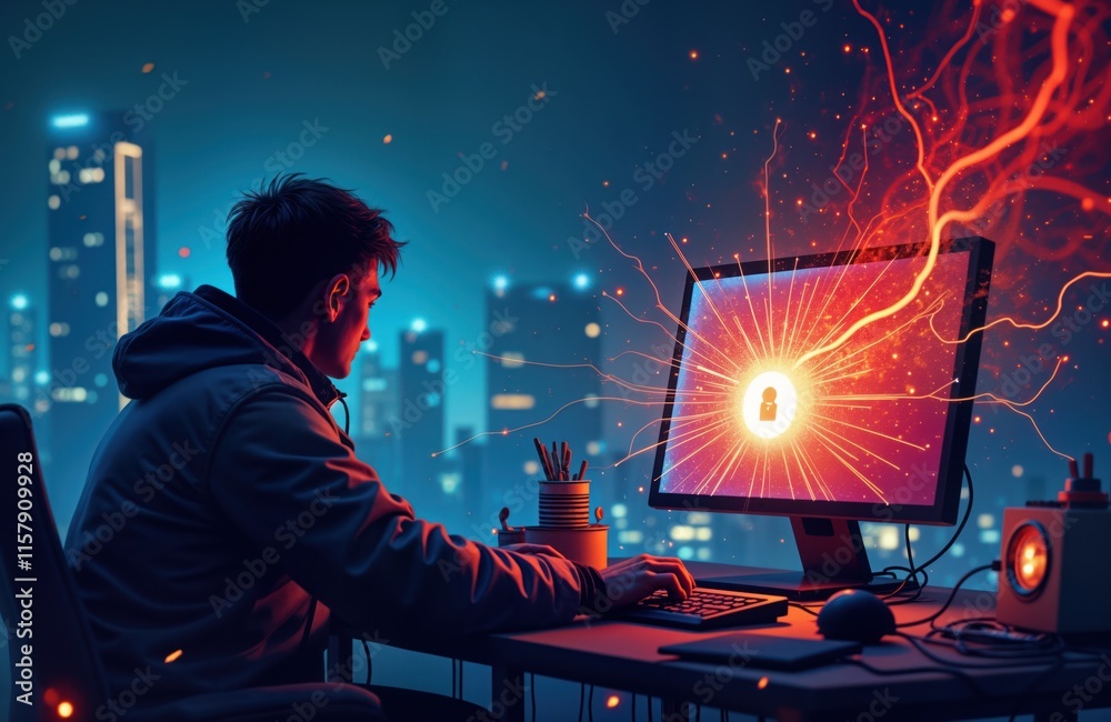 Poster focused person sits at computer desk in modern city scene. person works on tech issues related to cy
