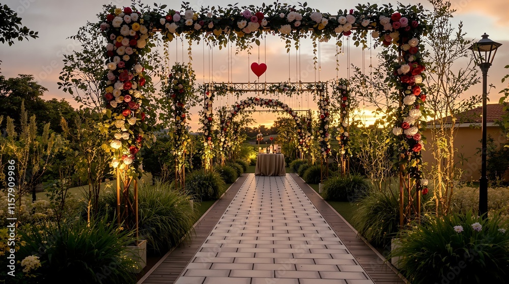 Poster pathway lined with white bricks, adorned with red flowers and string lights, leading to a wooden archway. The scene is illuminated by the warm glow of the lights, creating a serene and picturesque set
