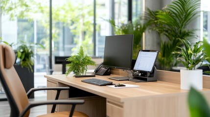 Desk with a computer, keyboard, and mouse. A potted plant is on the desk