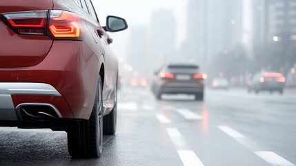 Obraz premium Red car is driving down a street with other cars. The car is in the middle of the road