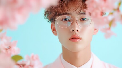 Man wearing glasses and a pink shirt. He is standing in front of a pink tree