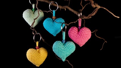 Five vibrant crochet heart keychains hang decoratively from a tree branch, showcasing skillful...
