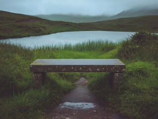 Fototapeta premium Tranquil Stone Bench by Serene Lake Amidst Lush Greenery