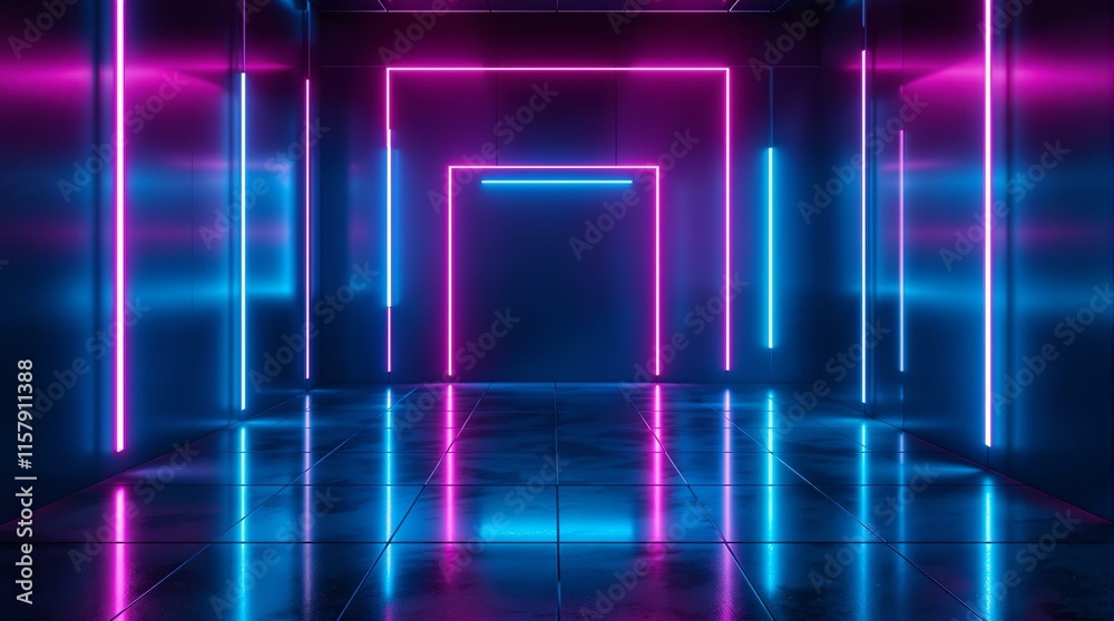 Poster futuristic, neon-lit space with glowing purple and blue lights creating a square pattern on the floor. The overall atmosphere is modern and technologically advanced.