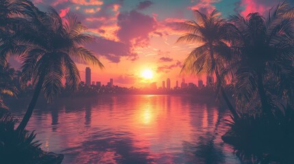 Vibrant Sunset Over Urban Island Landscape
