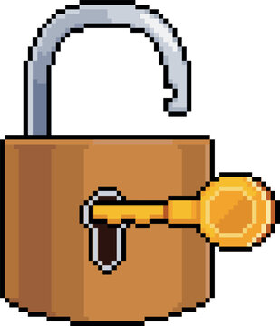 Pixel art of open padlock with golden key in 8-bit style on white background
