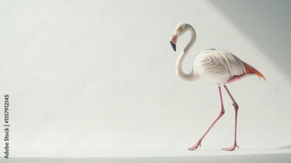 Poster Flamingo standing elegantly on one leg with ample space for creative text placement in a minimalist setting. Generative AI