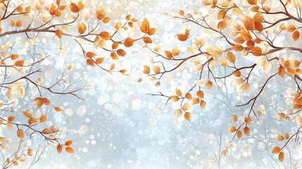 Fototapeta premium Golden and beige leaves on branches against a light blue winter background.