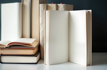 Composition of different sized photo books in natural white leather. White pages visible inside open book against dark background. Stack of books in various colors. Closeup view of books, pages.