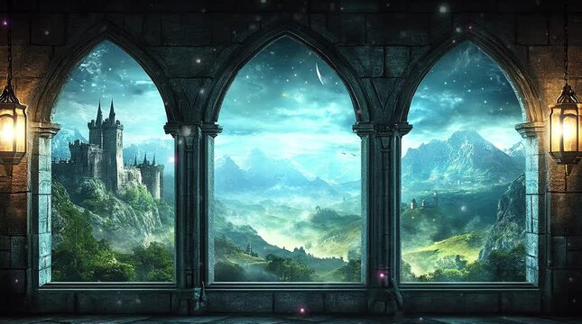 Scenic lush valley viewed from a grand castle balcony window on a sunny day  
Seamless looping 4k time-lapse virtual video animation Generated AI