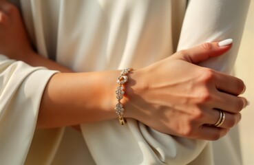 Obraz premium Elegant woman arm shows delicate gold bracelet with small diamonds. Soft diffused light highlights jewelry. Closeup shot captures detail. High quality luxury accessory. Trendy fashion piece. Stylish
