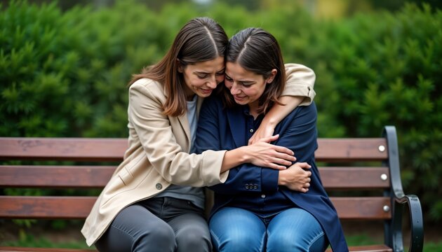 Two women sit embracing on park bench. One woman comforts in moment of sorrow. Supportive hug shows care, friendship. Emotional connection. Women experience sadness together. Outdoor park setting. - Powered by Adobe