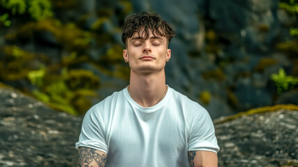 Young man meditating in nature finding inner peace and mindfulness