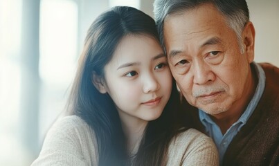 image of pensive senior Asian man hugging together with his daughter