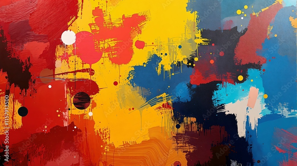 Poster abstract painting with vibrant splashes of colors including red, yellow, blue, and black. The colors are applied in a loose, expressive style, creating a dynamic and energetic visual effect.