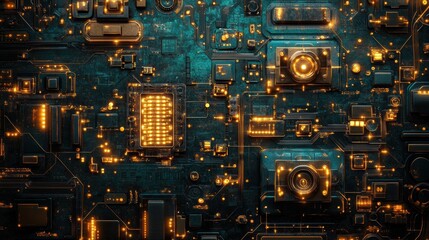 Advanced digital circuitry featuring interconnected gold and aqua elements forming intricate layouts, symbolizing futuristic technology, innovation, and cybernetic systems. Background