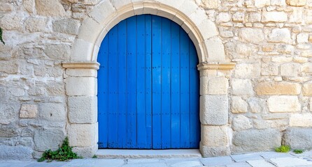 Fototapeta premium A blue wooden door set in a stone wall, showcasing architectural beauty.