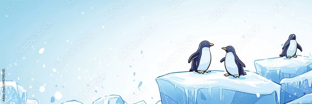 Fototapete Playful penguins enjoying activities on floating icebergs with plenty of space for creative text. Generative AI