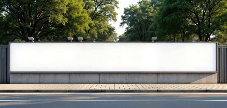 Blank billboard fixed on grey concrete fence along city sidewalk. Modern advertising space ready for advertisement. Urban setting with trees, roadside. Empty hoarding on street. Promotional area.