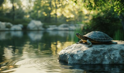 Serene turtle basking on a rock by a calm pond, ripples forming around its feet.
