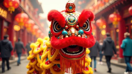 Fototapeta premium Vibrant chinese new year lion dance in a bustling street festival