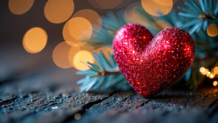 Obraz premium Sparkling red heart ornament with pine branch and soft bokeh lights