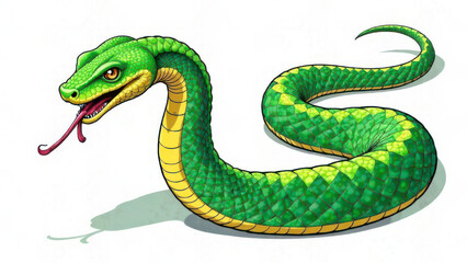 Fototapeta premium Vibrant green snake with scales and red tongue on white background