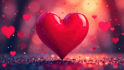 Shiny red heart with romantic glowing background and small floating hearts