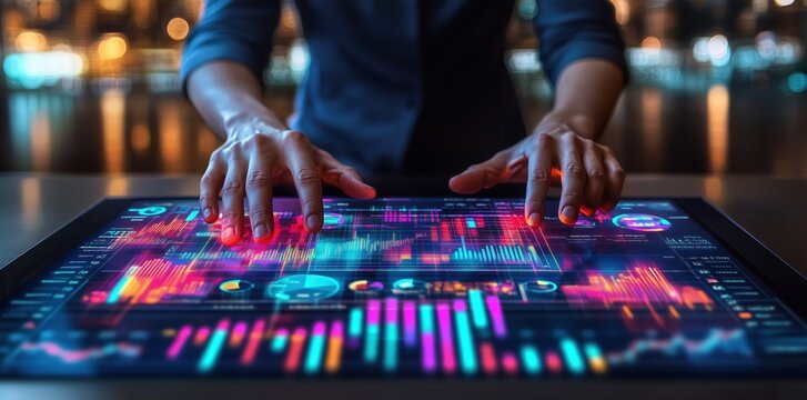 Interactive Data Visualization Neon Charts Businessperson Touchscreen Display - Powered by Adobe