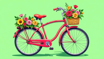 Fototapeta premium Red bicycle with colorful flower baskets on vibrant green background