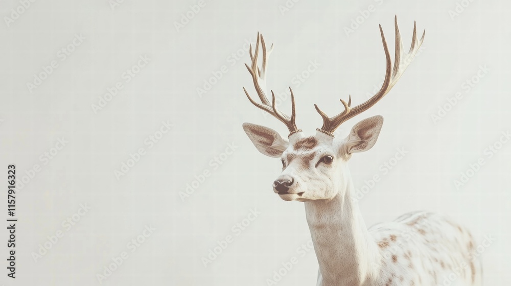 Poster elegant deer with majestic antlers standing gracefully in a serene background with ample copy space.