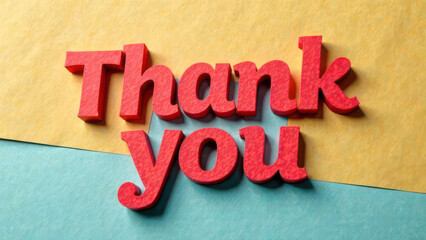 Bold red "thank you" text on vibrant yellow and blue background