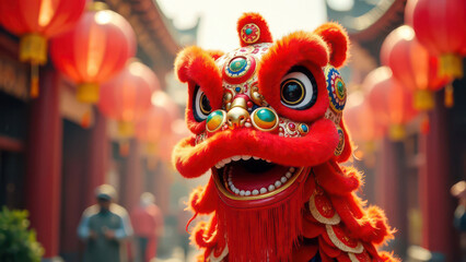 Fototapeta premium Vibrant chinese lion dance in traditional red costume during festive celebration
