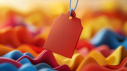 Red tag hangs over colorful wavy background.