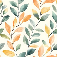 Seamless pattern with simplified leaf motifs in pastel sage green and peach colors