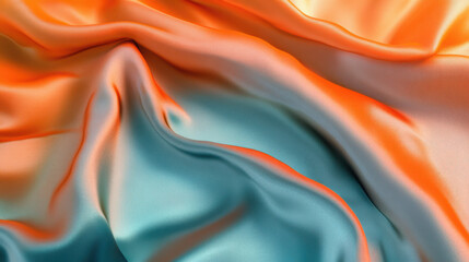 Obraz premium A close-up of a silky fabric texture, reflecting a gradient of sunset orange blending into cool turquoise, bathed in ambient natural light. Shadows gently outline the soft waves of fabric