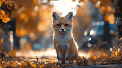 Fototapeta premium A charming fox sits among autumn leaves, showcasing nature's beauty.
