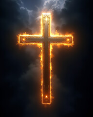 A radiant golden cross emitting light, surrounded by dark clouds and glowing sparks, evoking a spiritual and dramatic ambiance.


