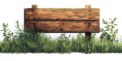 Rustic Wooden Sign Surrounded by Lush Green Grass Isolated on transparent background