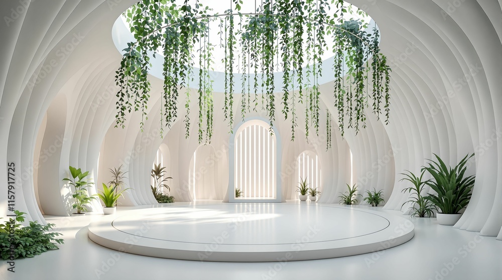 Poster futuristic, white cylindrical structure with a curved, vaulted ceiling adorned with hanging green pl