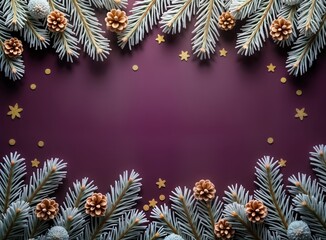 Naklejka premium Festive winter scene with frosted fir branches, cones arranged around dark purple backdrop. Decorative golden stars, dots scattered subtly. Perfect for Christmas New Year greeting cards invitations