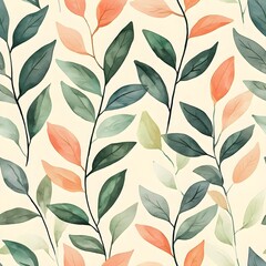 Seamless pattern with simplified leaf motifs in pastel sage green and peach colors