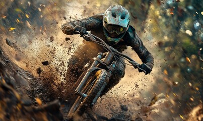 Mountain biker speeding down a dirt trail, mud splattering, intense focus on challenging terrain, vibrant wilderness setting, adrenaline-filled action,