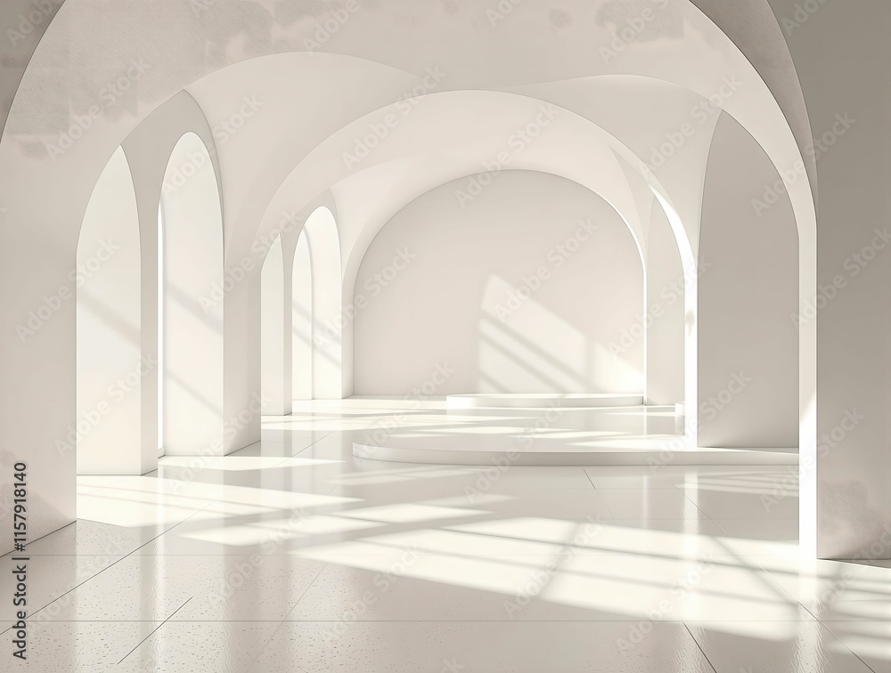 Poster spacious, minimalist room with arched doorways and large windows allowing natural light to flood in,