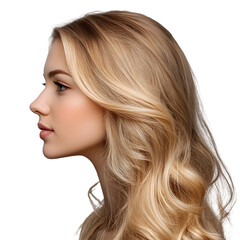 Beautiful blonde woman with wavy hair in side profile on white background, portrait photography